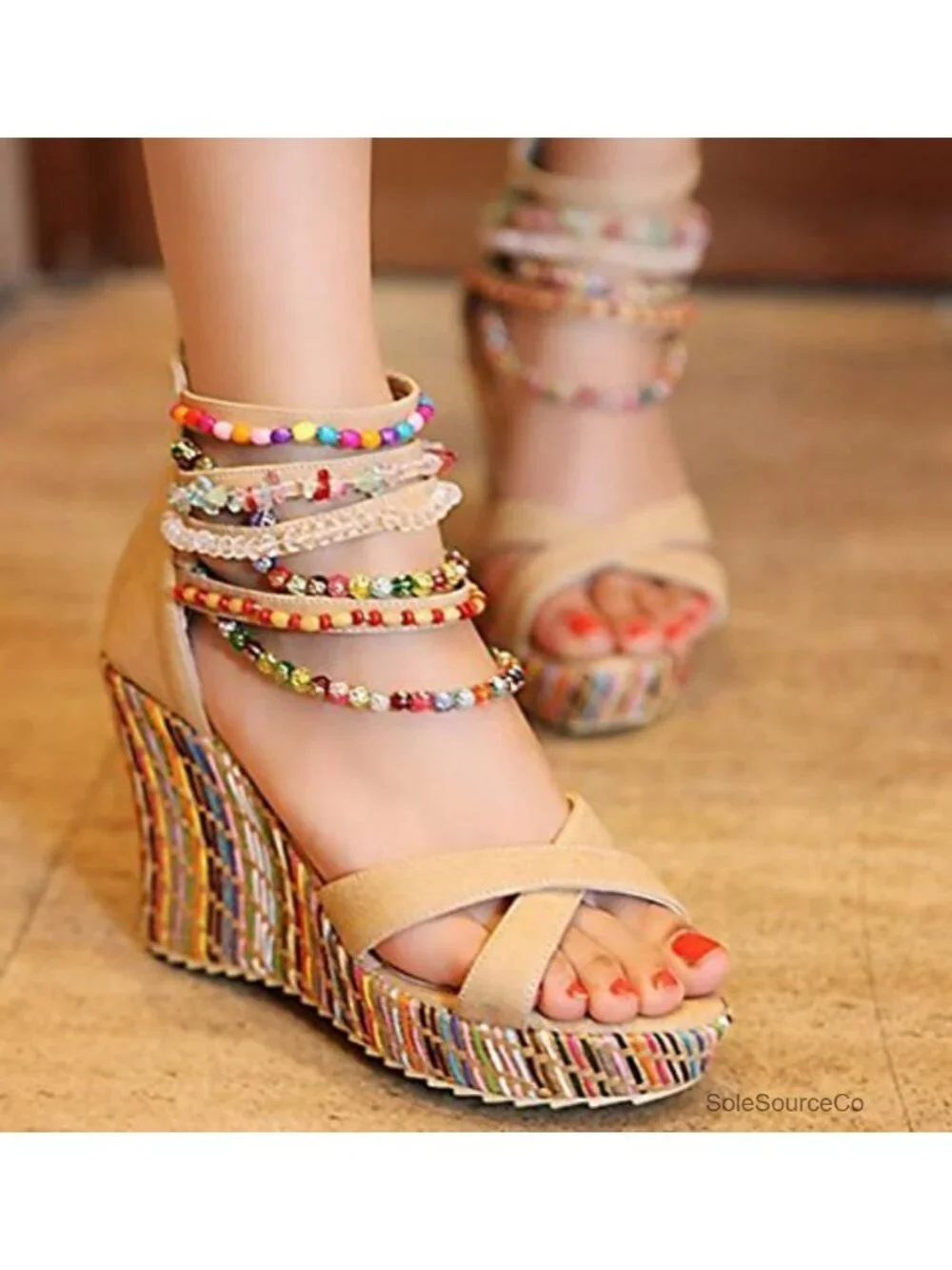 Women's Wedge Sandals Platform High Heels with Pearls Ankle Strap Open Toe